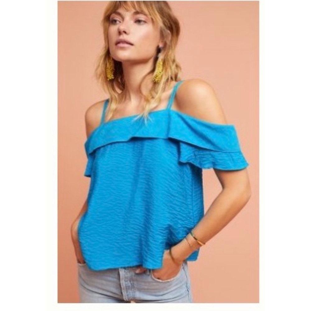 𝅺Nwt Anthropologie Mandalay open shoulder top blouse size XS Blue Summer New